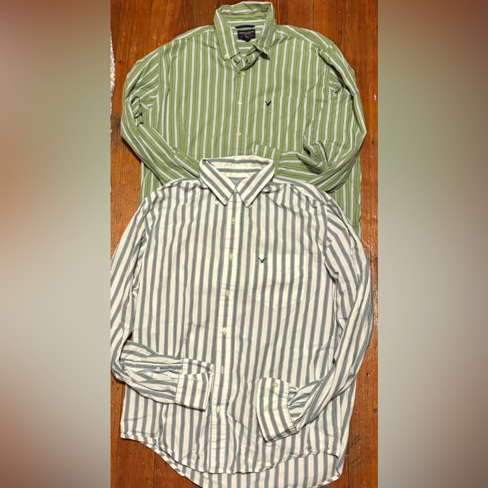 Vintage LOT OF 2 American Eagle Green Striped Button Down Shirts Size. Medium